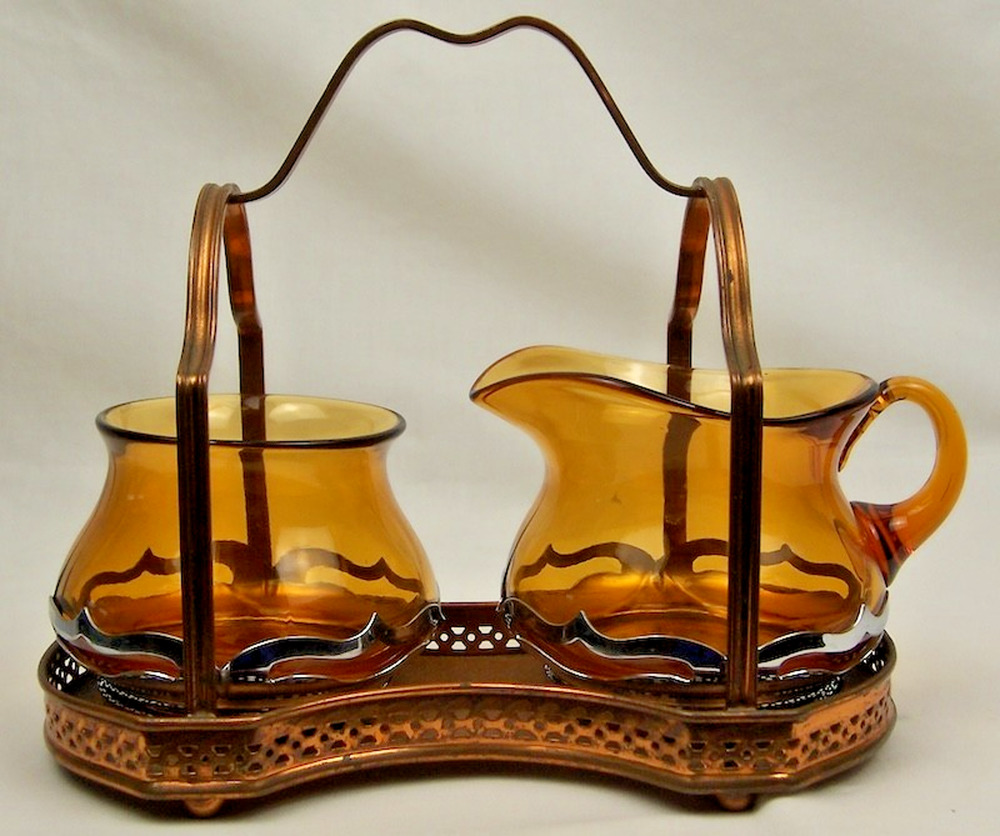 VTG Art Deco Amber Glass & Chrome Sugar Creamer Set Copper Manning Bowman Caddy